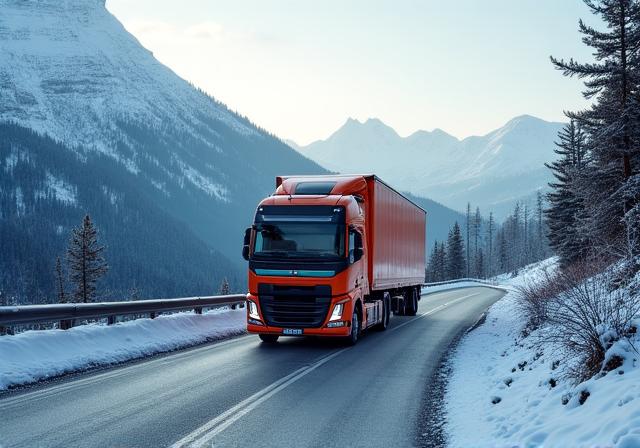 Camión de Peak Swift Delivery circulando por una carretera de montaña nevada